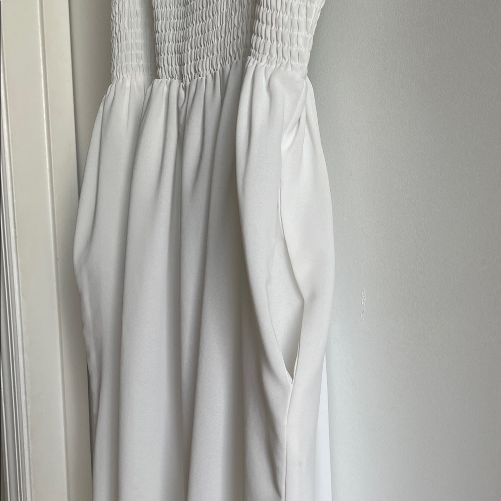White Maxi Dress with lace, smocked, pockets, flutter sleeve, spring summer - Picture 8 of 16